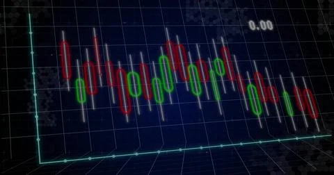 Showing 3D chart on trading dashboard with greenred candles whitewicks teal a Stock Illustration