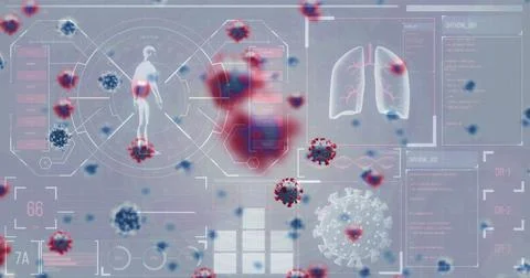 Showing 3D coronavirus particles floating at virtual lab display, with HUD Stock Illustration