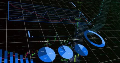 Showing 3D dashboard floating on dark grid, with blue pies, donut, bars, lines, 스톡 일러스트