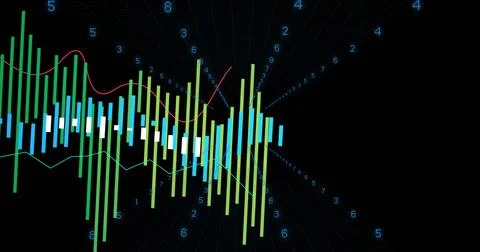Showing 3D data chart with candlestick bars and red teal lines on black grid, Stock Illustration