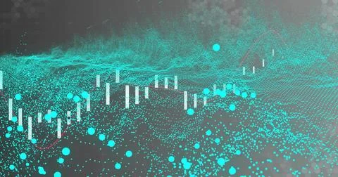 Showing 3D data on grid, with white candlesticks, turquoise dots, red line, 스톡 일러스트