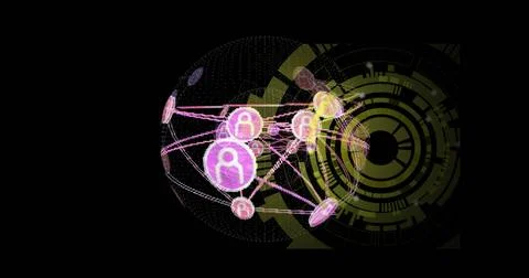 Showing 3D dotted sphere mesh in virtual network interface, connecting pink Foto stock