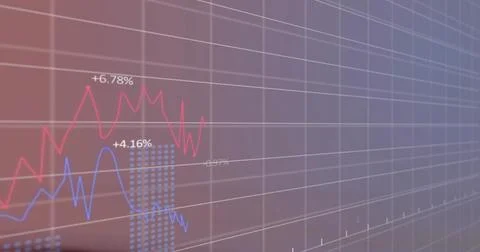 Showing 3D finance grid receding right, with red or blue charts with % labels, Stock Illustration
