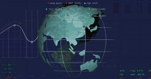 Showing 3D globe with floating tickers on blue finance dashboard featuring wh Stock Illustration