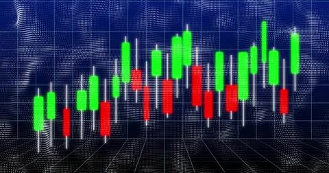 Showing 3D green red candlesticks above grid in trading scene featuring white 스톡 일러스트