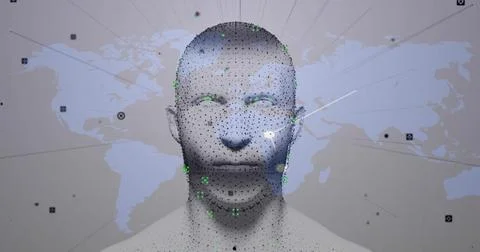 Showing 3D head model in virtual dashboard with mesh, green markers, radial 스톡 사진