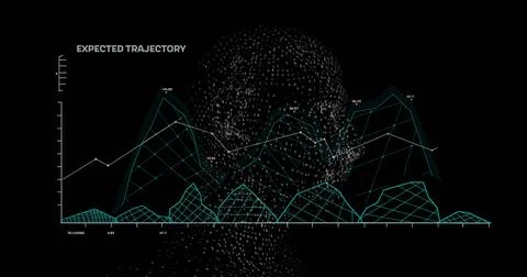 Showing 3D head over dark backdrop, with teal wireframe charts, graph and text Stock Illustration