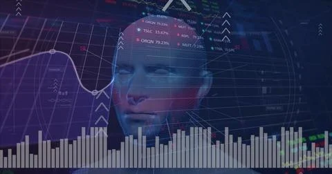Showing 3D humanoid head and torso merging with grid and market charts in Stock Illustration