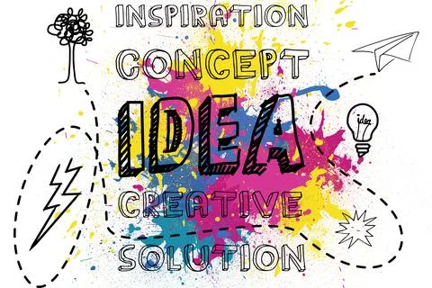 Showing 3D IDEA over multicolor splash on white background with doodles linking Stock Photos
