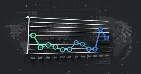 Showing 3D line chart tracking monthly data on dark dashboard, with color 写真素材