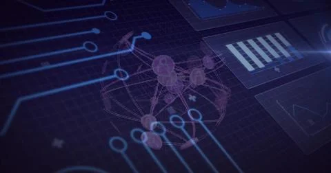 Showing 3D network sphere pulsing over dark blue grid, with glowing circuits  Stockillustratie