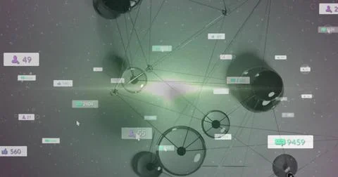 Showing 3D network of spherical nodes, wires in virtual space, with UI badges, Illustrazione stock