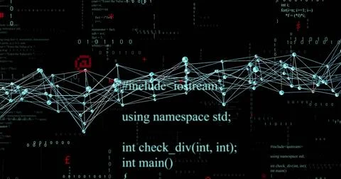 Showing 3D node network weaving through digital space, with code, binary digits Illustrazione stock