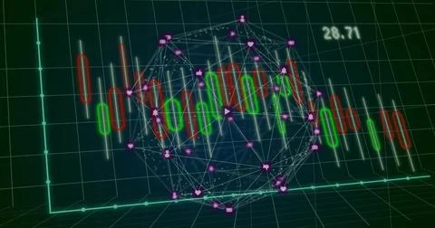 Showing 3D sphere overlaying candlestick chart on dashboard, with purple media 스톡 일러스트