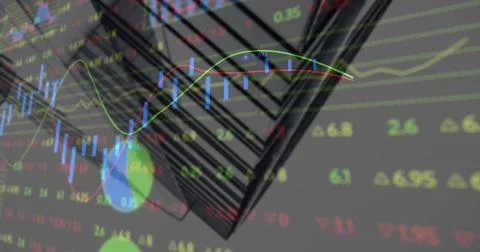 Showing 3D staircase with blue candlesticks, green or red line graph and numeric 스톡 일러스트