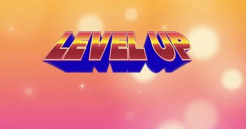 Showing 3D styled LEVEL UP text on retro poster featuring warm gradient, deep Stock Illustration