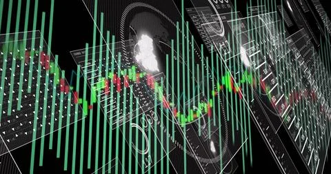 Showing 3D trading chart centering on black field, with glass panels, teal bars, Stock Illustration