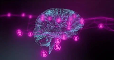 Showing 3D wireframe brain pulsing with magenta nodes in virtual space, with Stock Illustration