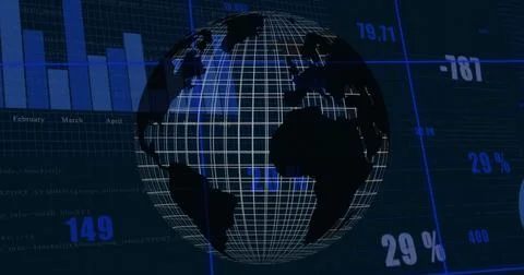 Showing 3D wireframe globe rotating on grid in dashboard, featuring floating Stock Illustration