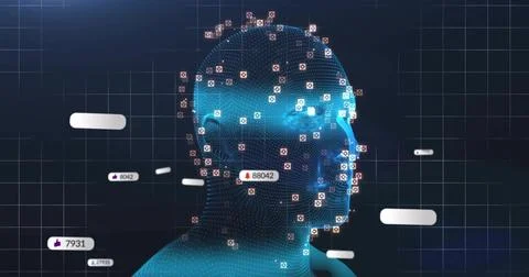 Showing 3D wireframe head in digital interface, with grid, landmarks and Stock Illustration