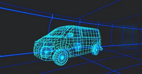 Showing 3D wireframe van model moving through virtual tunnel, highlighting Stock Illustration