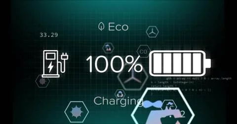Showing 5-segment battery at 100% on dashboard featuring Eco icon, green icons Stock Photos