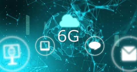 Showing 6G cloud icon floating over wireframe globe in cyberspace with tablet, Stock Photos