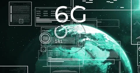 Showing 6G connectivity interface overlaying Earth in abstract space, with 写真素材
