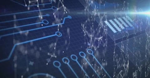 Showing abstract circuitry hovering in data realm, with glowing circuit lines, Stock Photos
