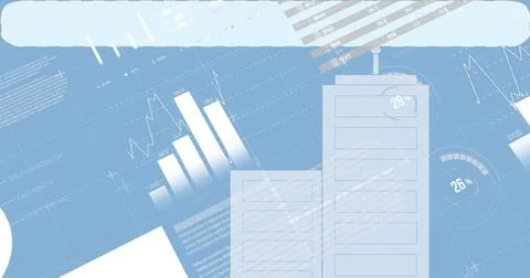 Showing abstract dashboard featuring panels with rising bar charts on blue Stock Photos