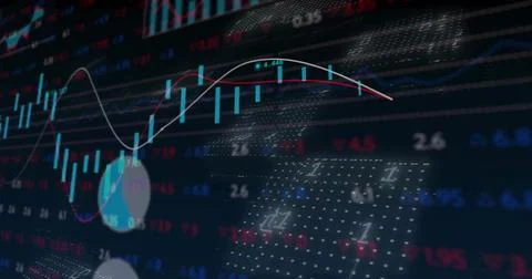 Showing abstract digital chart on virtual dashboard, displaying candlestick bars Illustrazione stock