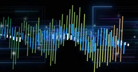 Showing abstract digital waveform pulsing on black background with vertical bars Illustrazione stock