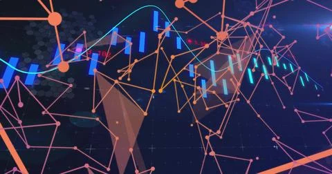 Showing abstract network graph floating in virtual panel, with cyan bars, orange Illustrazione stock