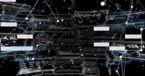 Showing abstract network in virtual space, with glowing lines, nodes, code Foto stock