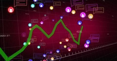 Showing analytics dashboard displaying wavy green zigzag graph with neon avatars Stock Photos