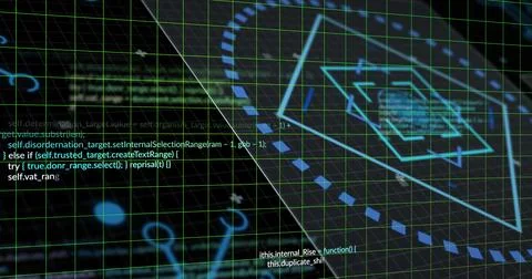 Showing angled green grid plane in digital HUD tracing cyan hex target, dashed 스톡 일러스트
