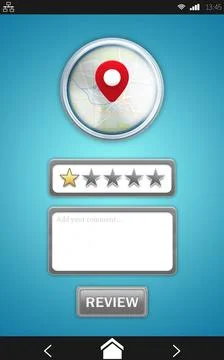 Showing app review on teal backdrop map pin 1-star rating, comment, review Stock Illustration