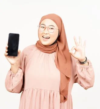 Showing Apps On Blank Screen Smartphone of Beautiful Asian Woman Wearing Hija Stock Photos