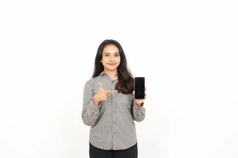 Showing Apps or Ads On Blank Screen Smartphone Of Beautiful Asian Woman Iso.. Stock Photos