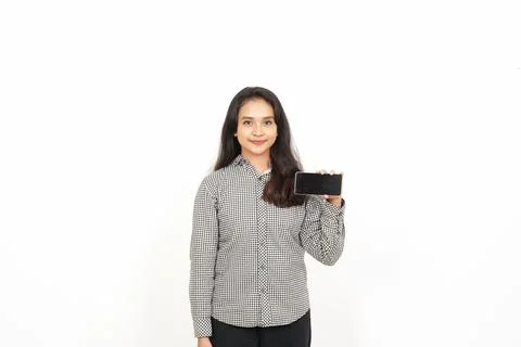 Showing Apps or Ads On Blank Screen Smartphone Of Beautiful Asian Woman Iso.. Stock Photos