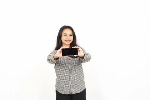 Showing Apps or Ads On Blank Screen Smartphone Of Beautiful Asian Woman Iso.. Stock Photos