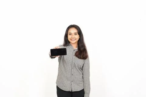 Showing Apps or Ads On Blank Screen Smartphone Of Beautiful Asian Woman Iso.. Stock Photos