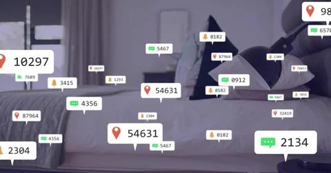 Showing AR notifications hovering over bed with duvet or pillows in bedroom, Stock Photos
