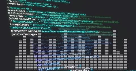 Showing audio-spectrum equalizer bars overlapping semi-transparent code on ch Stock Illustration