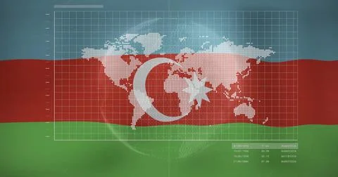 Showing Azerbaijan tricolor flag in graphic layout, featuring crescent, star, イラスト素材