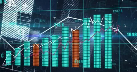 Showing bar chart on analytics dashboard, with teal, orange bars, trend lines Stock Illustration