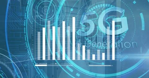 Showing bar chart, circuit traces, slider bar, HUD elements and 5G Generation Stock Illustration