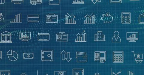Showing bar chart line graph calculator icons repeating on blue grid, with Stock Illustration