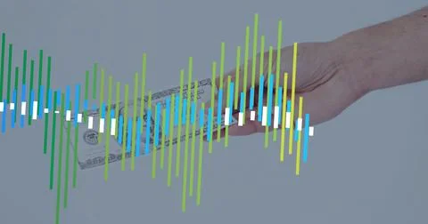 Showing bare forearm holding folded US dollar bill at right, waveform Stock Photos