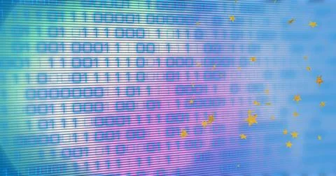 Showing binary digits shifting on display with scan lines, golden stars, teal to Stock Illustration
